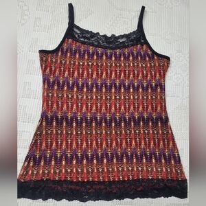 Maurices Red Purple Orange And Black Lace Red Fitted Camisole, Size Medium, M